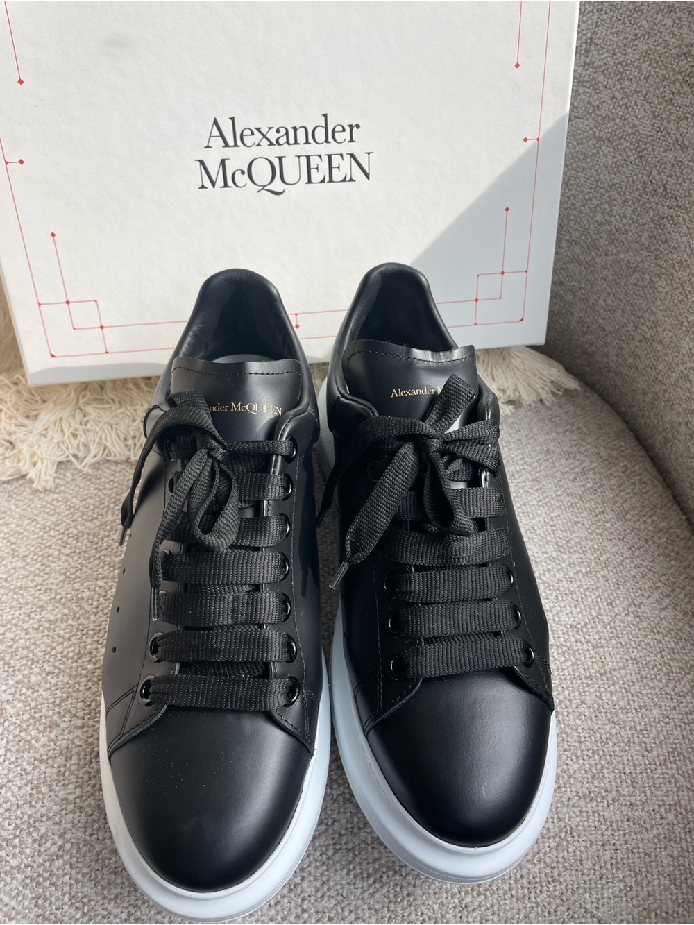 Alexander McQUEEN Black Leather Sneakers with White Platform Sole